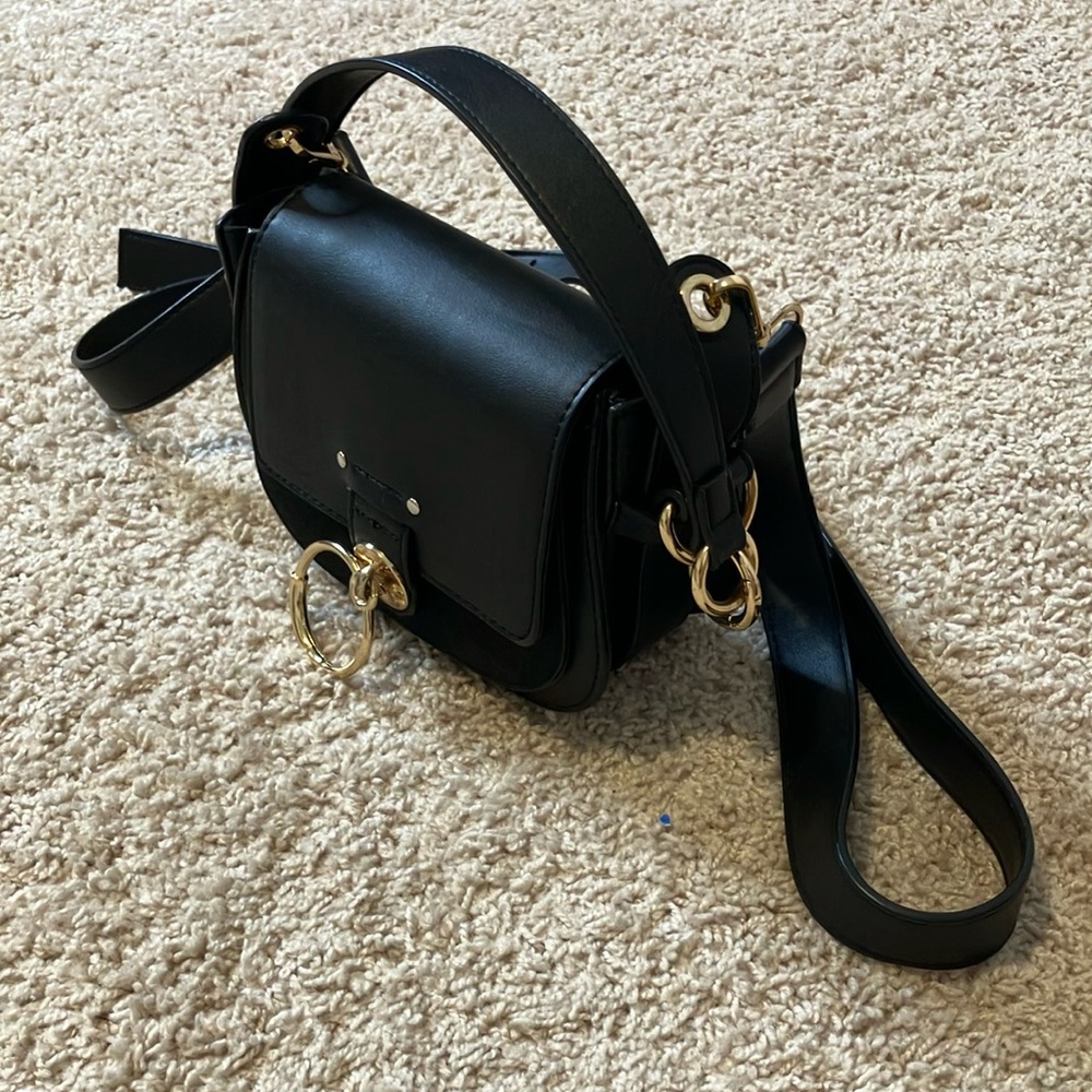 Black Saddle Crossbody Bag with Gold Ring Accent - Picture 5 of 7